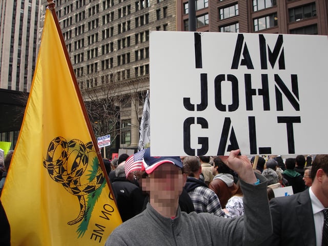 A protester at a 2009 Tea Party rally carries a sign referring to John Galt, the hero of Rand's novel Atlas Shrugged.