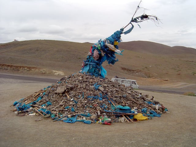 Ceremonial cairn of rocks, an ovoo, from Mongolia