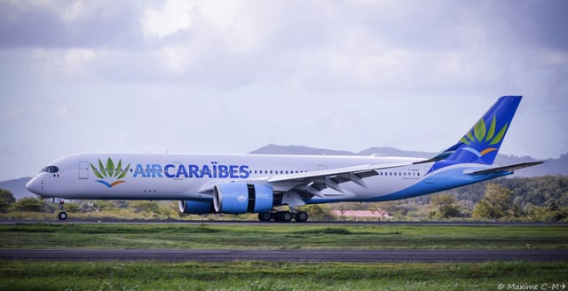 An Air Caraïbes Airbus A350-900 XWB painted in the new livery at Martinique Aimé Césaire International Airport (March 2017.)