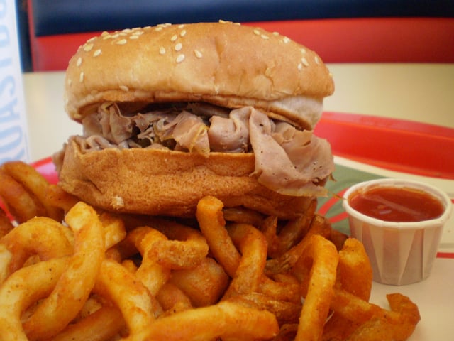 Arby's medium roast beef sandwich with curly fries