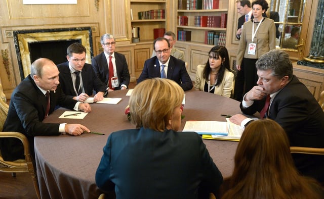 Putin in talks with Ukrainian President Petro Poroshenko, German Chancellor Angela Merkel and French President François Hollande, 17 October 2014