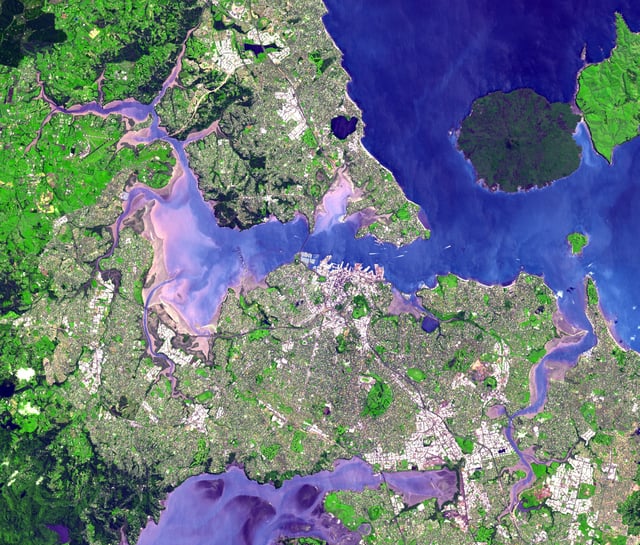 Satellite view of the Auckland isthmus and Waitematā Harbour