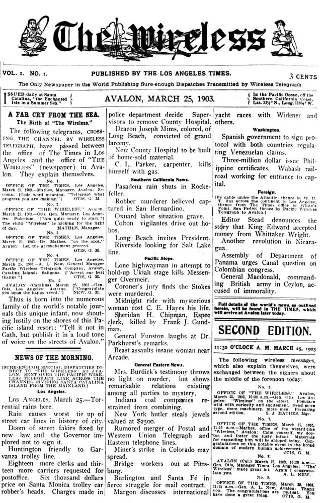 Front page of the debut (March 25, 1903) issue of the short-lived The Wireless, published in Avalon.