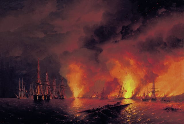 The Russian destruction of the Turkish fleet at the Battle of Sinop on 30 November 1853 sparked the war (painting by Ivan Aivazovsky).