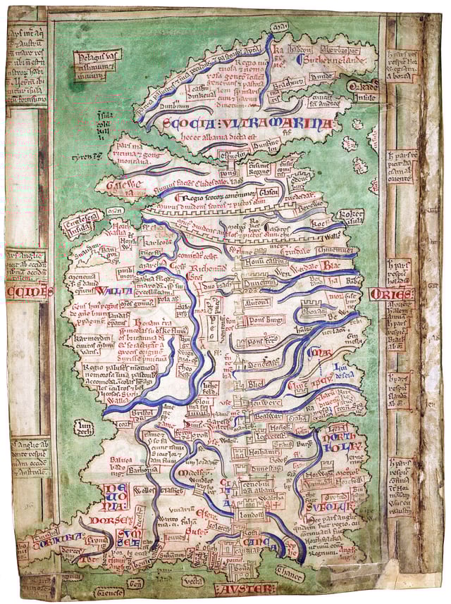 A medieval map by Matthew Paris circa 1250 AD shows both Hadrian's Wall and the Antonine Wall towards the top, depicted as rows of battlements.British Library, London, England.