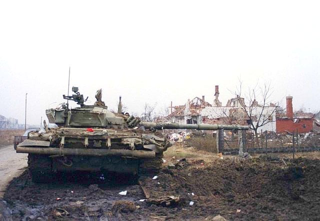 A JNA M-84 tank disabled by a mine laid by Croat soldiers in Vukovar, November 1991