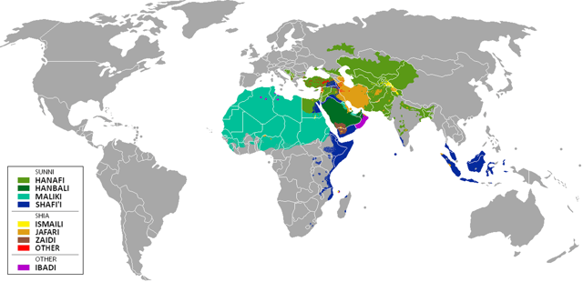 Map of the Muslim world. Hanafi (grass green) is the Sunni school predominant in Turkey, the Northern Middle East, many parts of Egypt, Central Asia and most of the Indian subcontinent