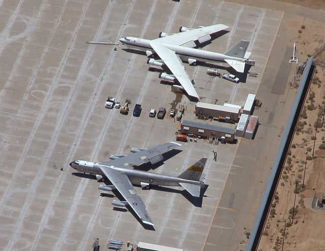 NASA's NB-52B Balls 8 (lower) and its replacement B-52H on the flight line at Edwards Air Force Base in 2004