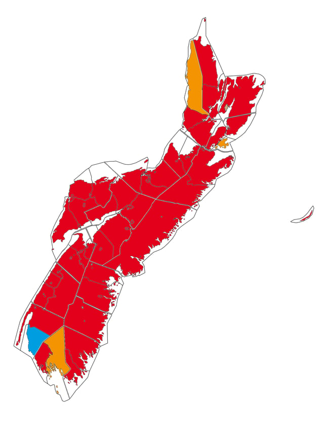 Mother tongue in Nova Scotia:Red – majority anglophone, Orange – mixed, Blue – majority francophone