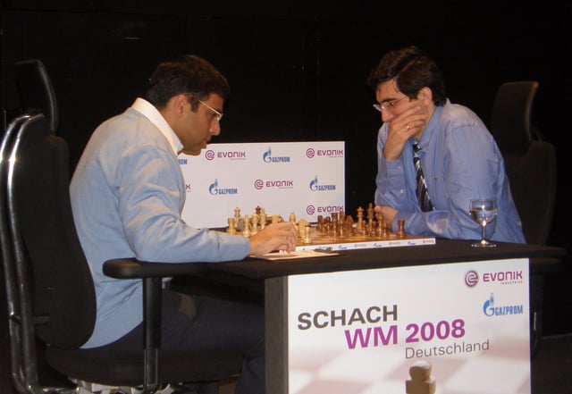 Former world champion Viswanathan Anand (left) playing against his predecessor Vladimir Kramnik