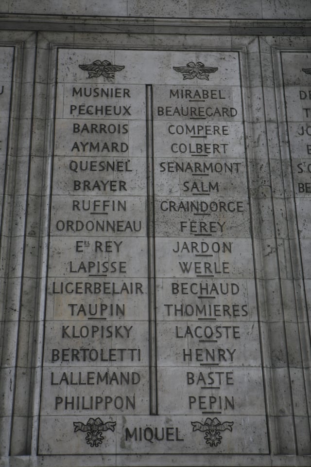 The name COLBERT is engraved on Column 38 on the west face of the Arc de Triomphe.