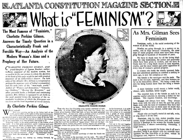Charlotte Perkins Gilman wrote about feminism for the Atlanta Constitution, 10 December 1916.