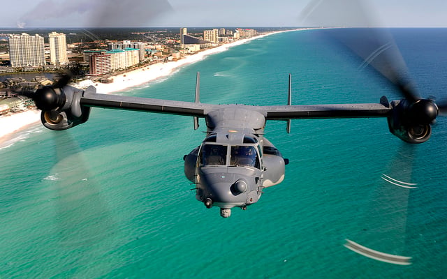 A CV-22 of 8th Special Operations Squadron flies over Florida's Emerald Coast.