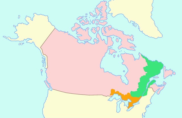 A map highlighting the Canadas, with Upper Canada in orange, and Lower Canada in green. In 1841, the two colonies were united to form the Province of Canada.