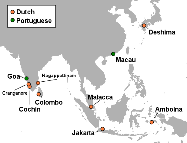 The primary Dutch and Portuguese settlements in Asia, c. 1665. With the exception of Jakarta and Deshima, all Dutch settlements had been captured by the Dutch East India Company from Portugal.