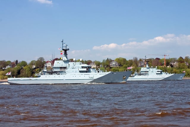 Two River class offshore patrol vessels of the Royal Navy