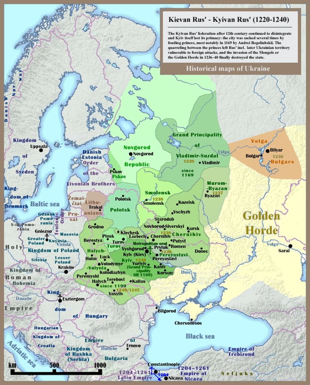 Maximum extent and principalities of Kievan Rus', 1220–1240. These principalities included Vladimir-Suzdal, Smolensk, Chernigov and Ryazan, the last annexed by the Duchy of Moscow in 1521.