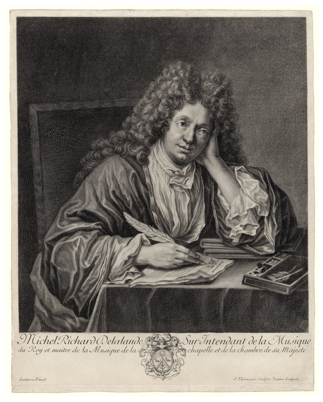 French Baroque music composer Michel Richard Delalande (1657–1726), pen in hand.
