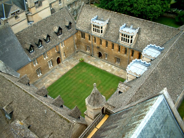 Aerial view of Merton College's Mob Quad, the oldest quadrangle of the university, constructed in the years from 1288 to 1378