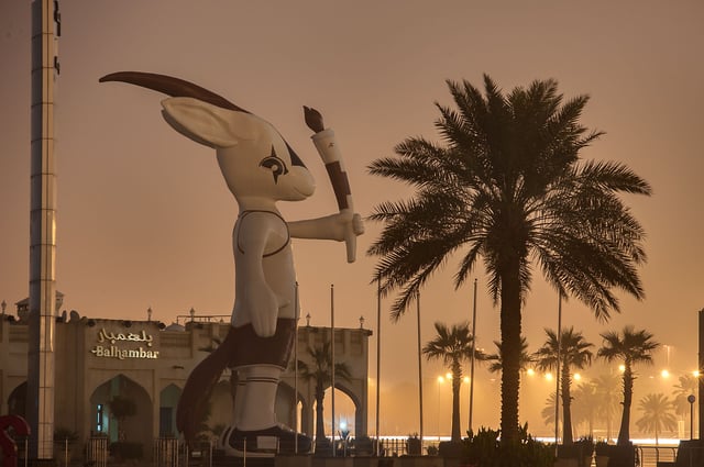 Orry the Oryx, mascot of the 15th Asian Games, on the Doha Corniche in 2014.