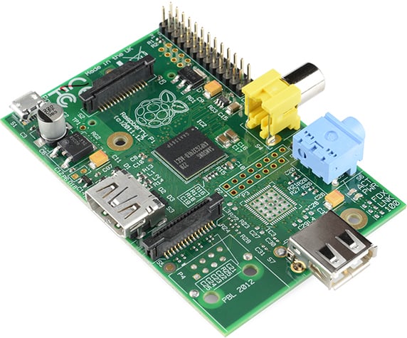 The early Raspberry Pi 1 Model A, with an HDMI port and a standard RCA composite video port for older displays