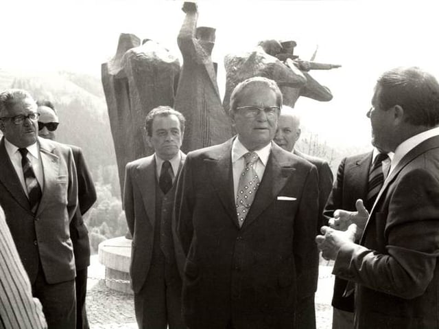 Josip Broz Tito and Edvard Kardelj (left) in Dražgoše, Slovenia, 1977.