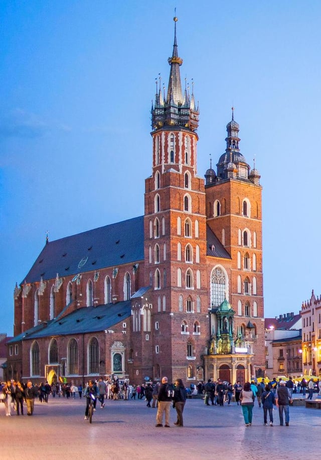 St. Mary's Basilica on the Main Market Square in Kraków is an example of Brick Gothic architecture.