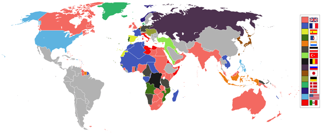 Map of colonial powers throughout the world in the year 1914 (note colonial powers in the pre-modern Muslim world).