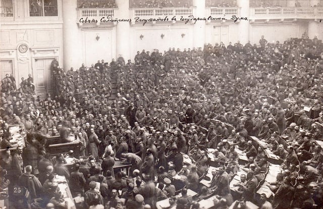 The Petrograd Soviet Assembly meeting in 1917