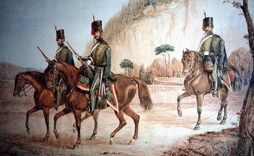 Privates of the 7th Hussars on patrol, c.1850
