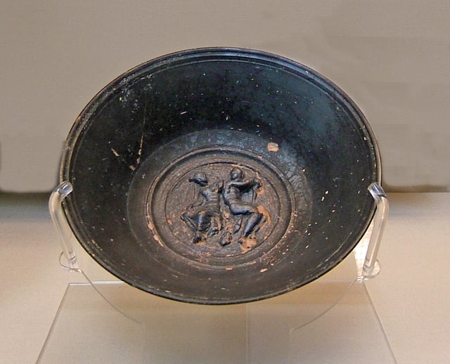 A relief depicting Mars and Venus on a black-slip bowl from Campania, Italy, 250–150 BC, British Museum
