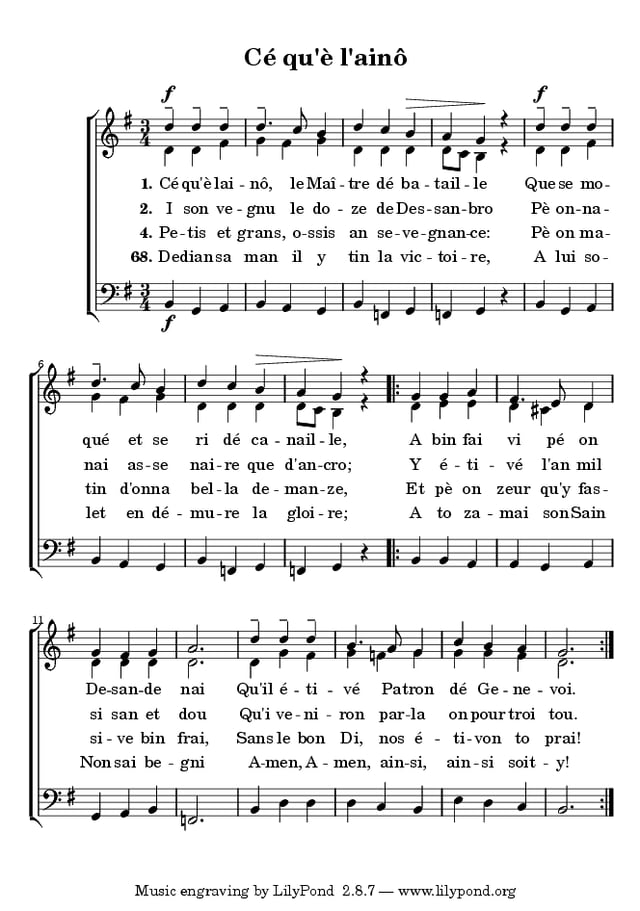 Cé qu'è l'ainô musical score showing verses 1, 2, 4, & 68.