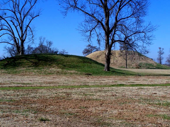 Platform mounds, such as this one at Toltec Mounds near Scott, were constructed frequently during the Woodland and Mississippian periods