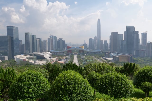 Shenzhen Civic Center and the Futian District CBD from Lianhuashan Park in 2018