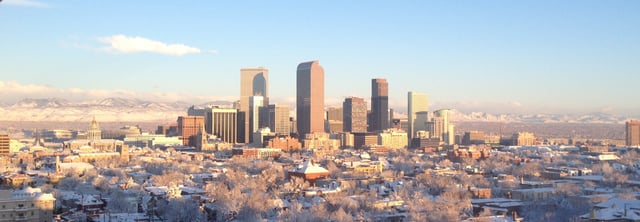 View of downtown Denver after a snowstorm in March 2016, looking northwest from Cheesman Park.