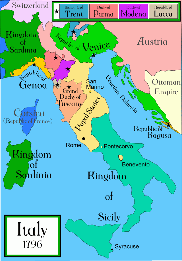 Map of the Italian Peninsula in 1796, showing the Papal States before the Napoleonic wars changed the face of the peninsula.