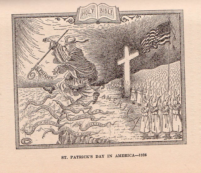 In this 1926 cartoon, the Ku Klux Klan chases the Roman Catholic Church, personified by St. Patrick, from the shores of America. Among the "snakes" are various supposed negative attributes of the Church, including superstition, the union of church and state, control of public schools, and intolerance.