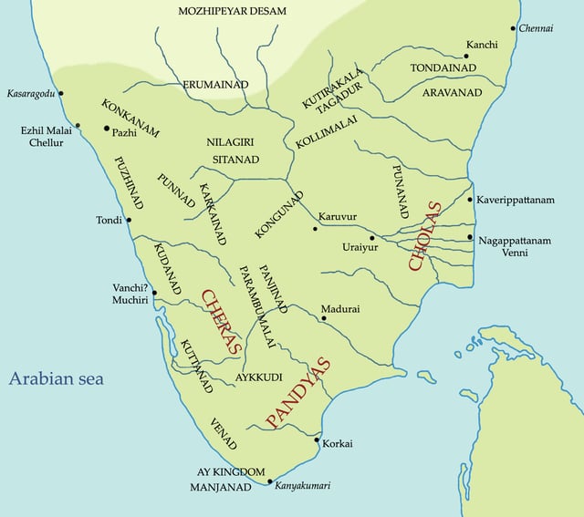 Tamilakam, located in the tip of South India during the Sangam period, ruled by Chera dynasty, Chola dynasty and the Pandyan dynasty.