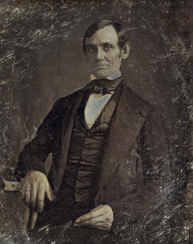 Abraham Lincoln in his late 30s as a member of the U.S. House of Representatives, when he opposed the Mexican–American War. Photo taken by one of Lincoln's law students around 1846.