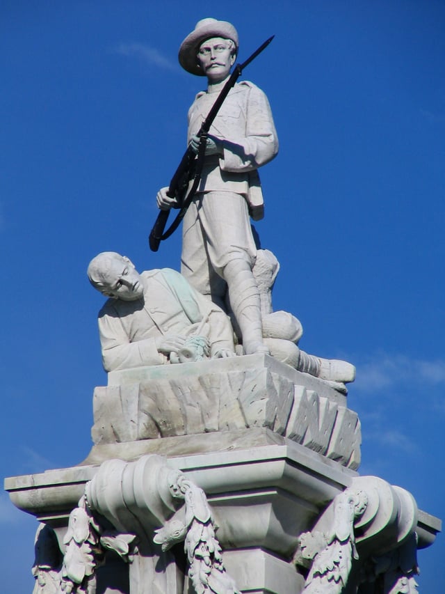 The top of the Dunedin Boer War Memorial. The memorial reaffirms New Zealand's dedication to the Empire. As McLean and Phillips said, the New Zealand Boer War Memorials are "tributes to the Empire and outpourings of pride about New Zealand’s place” in the Empire.