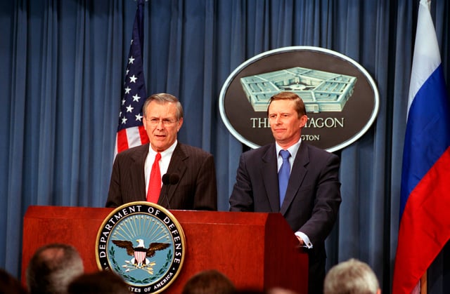 Rumsfeld with Russian Minister of Defense Sergei Ivanov on March 13, 2002. Russia actively supported the American war against terrorism.