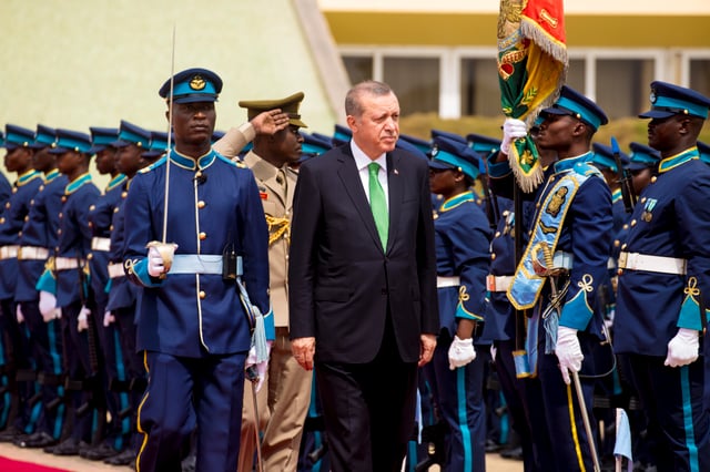 Turkish President Recep Tayyip Erdoğan inspects Honor Guards mounted by the Ghana Air Force at the Flagstaff House the Presidential Palace of Ghana in Greater Accra on 1 March 2016.
