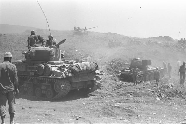 Israeli tanks advancing on the Golan Heights. June 1967