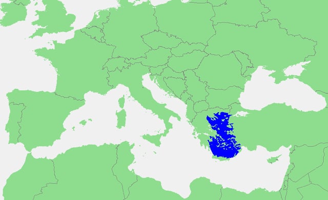 The extent of the Aegean Sea on a map of the Mediterranean Sea