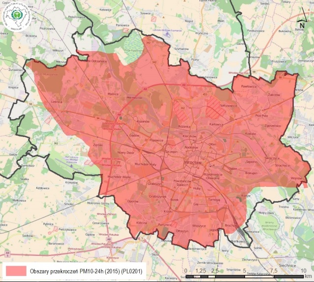 Map of Wrocław's areas where PM10 standards were exceeded in 2015