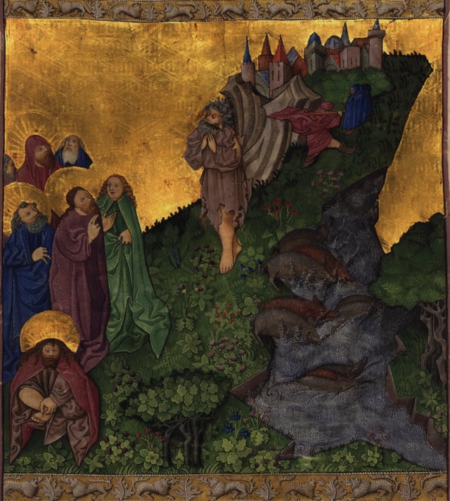 Medieval illumination from the Ottheinrich Folio depicting the exorcism of the Gerasene demoniac by Jesus