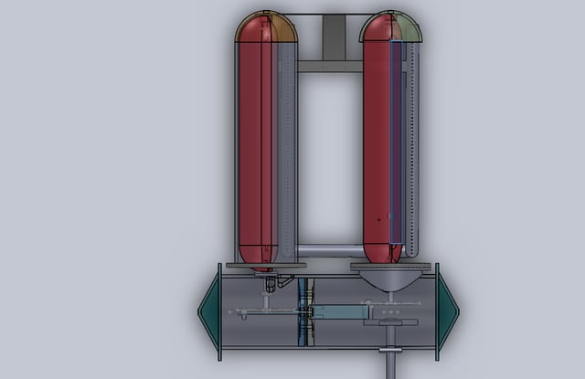 Top view of two rotating displacers powering the horizontal piston.