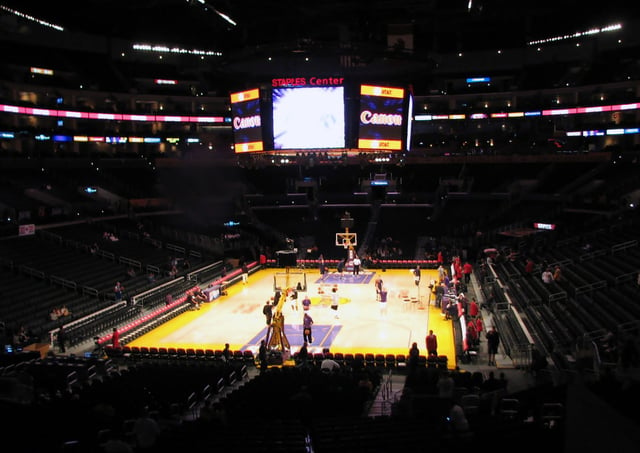 Staples Center during a Lakers game prior to the installation of the new scoreboard, and after the implementation of a new lighting system.