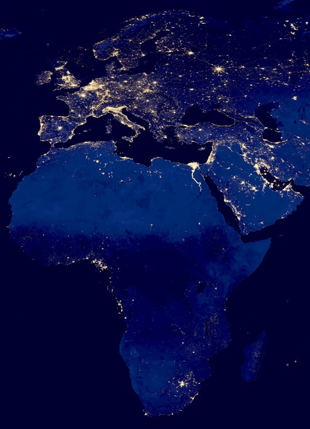 Satellite image of city lights in Africa showing the relatively low modern development on the continent in 2012 as compared to Eurasia.