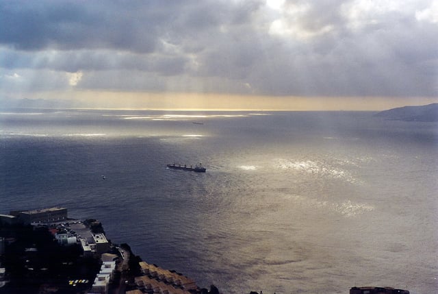Africa (left, on horizon) and Europe (right), as seen from Gibraltar